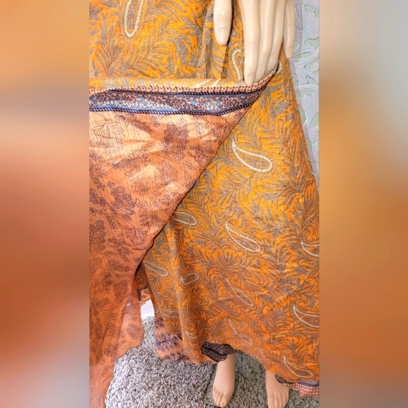 Exotic Boho Silk Muted Gold & Blue Reversible Wrap Maxi Skirt - Picture 13 of 16